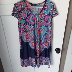 Blue Abstract Rayon Dress Size L  Made By Johnny Casual Beach Relaxing